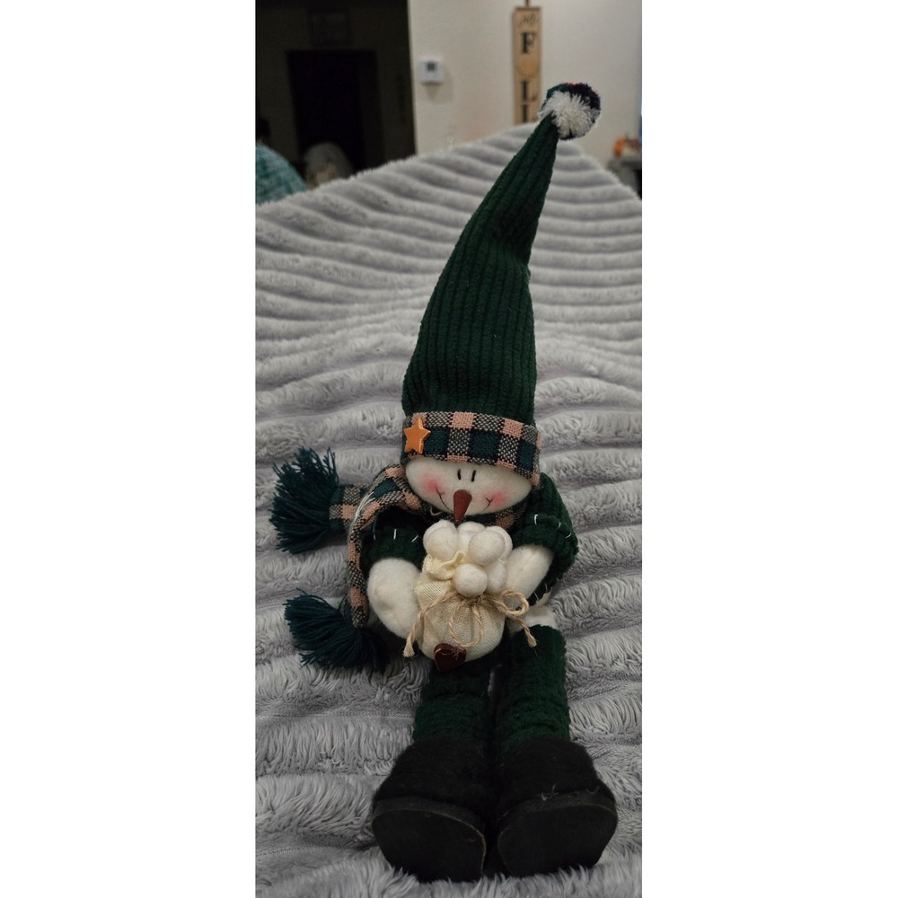 Plush Snowman Shelf Sitter Green Ribbed Hat Plaid Scarf Christmas Decor 18"